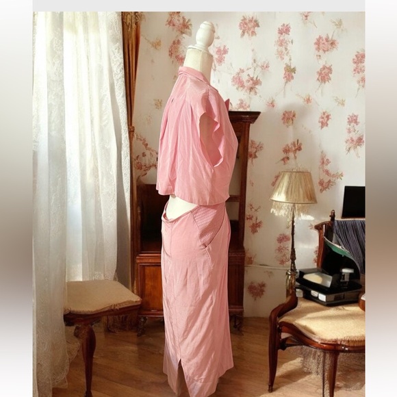 Vintage 1950s Dress Size M Wiggle Dress Baby Pink Ball Zipper Collared Cut Out - Picture 5 of 8